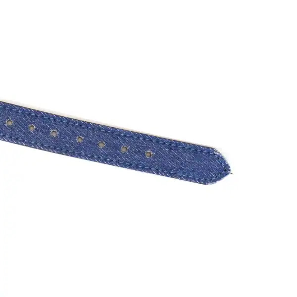 Ball gag Denim LIEBE SEELE avec boule en silicone noire et sangle ajustable en cuir et textile bleu, anneaux métalliques latéraux, présenté sur fond blanc en vue produit détaillée