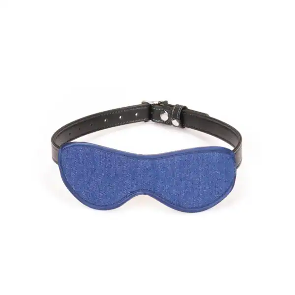 Bandeau Denim LIEBE SEELE en textile bleu avec sangle réglable en cuir noir et boucles métalliques, présenté à plat sur fond blanc, vue produit détaillée