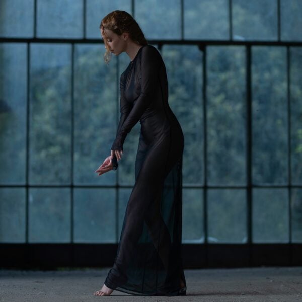 QRUCIFIX black mesh dress with fully laced back, worn from the back by one model, selection Brigade Mondaine Paris