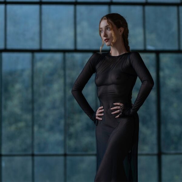 QRUCIFIX black mesh dress with fully laced back, worn from the back by one model, selection Brigade Mondaine Paris