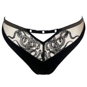Culotte Aspidis VIDE NOIR présentée chez Brigade Mondaine Paris, mesh nude brodé de motifs noirs serpentins, coupe classique avec finitions fines, photographiée en studio.