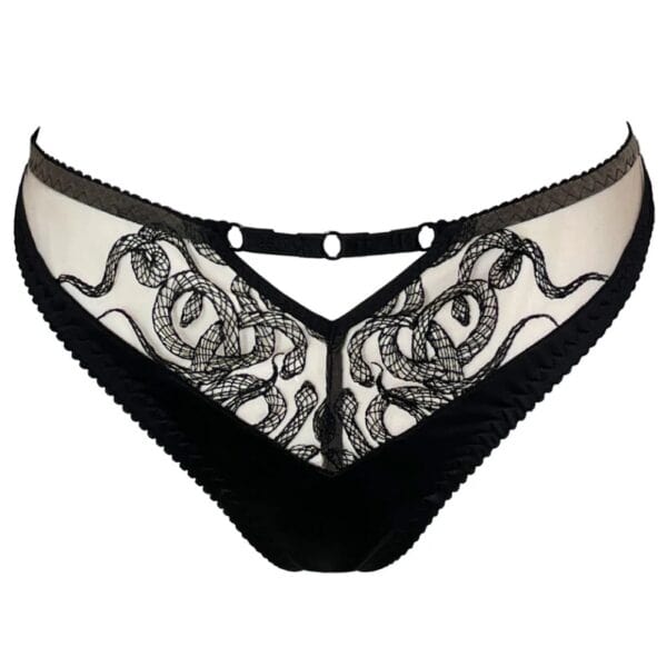 Culotte Aspidis VIDE NOIR Brigade Mondaine Paris Culotte Aspidis VIDE NOIR présentée chez Brigade Mondaine Paris, mesh nude brodé de motifs noirs serpentins, coupe classique avec finitions fines, photographiée en studio.