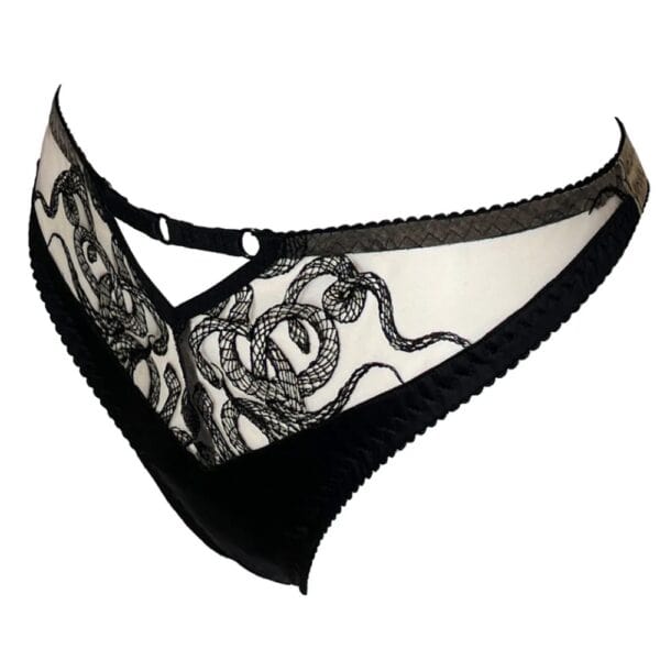 Culotte Aspidis VIDE NOIR Brigade Mondaine Paris Culotte Aspidis VIDE NOIR présentée chez Brigade Mondaine Paris, mesh nude brodé de motifs noirs serpentins, coupe classique avec finitions fines, photographiée en studio.