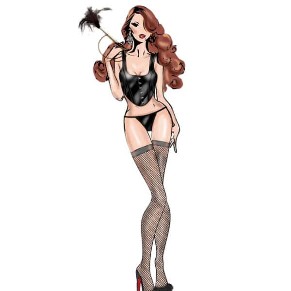 Model wearing a fitted black corset with front clips and wide straps, paired with minimalist bottoms, on a light background.