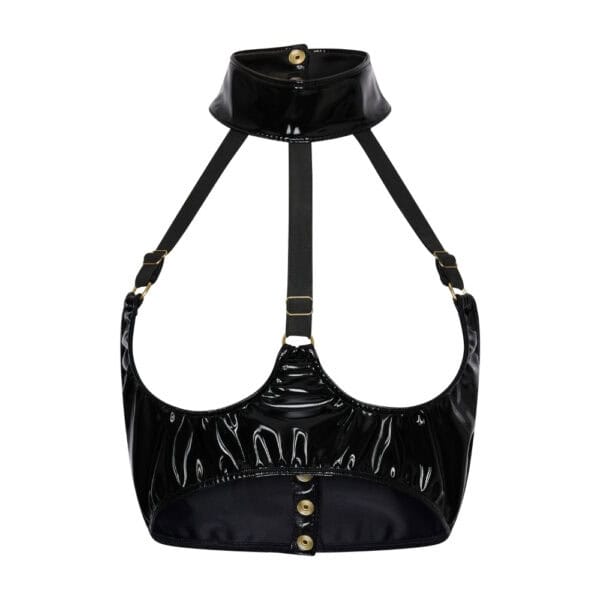 Soutien-gorge ouvert en Datex noir luxe | Brigade Mondaine Paris Modèle portant un soutien-gorge ouvert en Datex noir avec lanières structurées et col montant, présenté par Brigade Mondaine Paris sur fond clair.