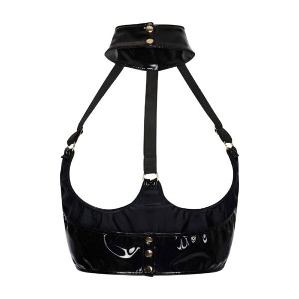 Soutien-gorge ouvert en Datex noir luxe | Brigade Mondaine Paris Modèle portant un soutien-gorge ouvert en Datex noir avec lanières structurées et col montant, présenté par Brigade Mondaine Paris sur fond clair.