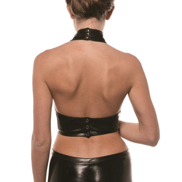 Soutien-gorge ouvert en Datex noir luxe | Brigade Mondaine Paris Modèle portant un soutien-gorge ouvert en Datex noir avec lanières structurées et col montant, présenté par Brigade Mondaine Paris sur fond clair.