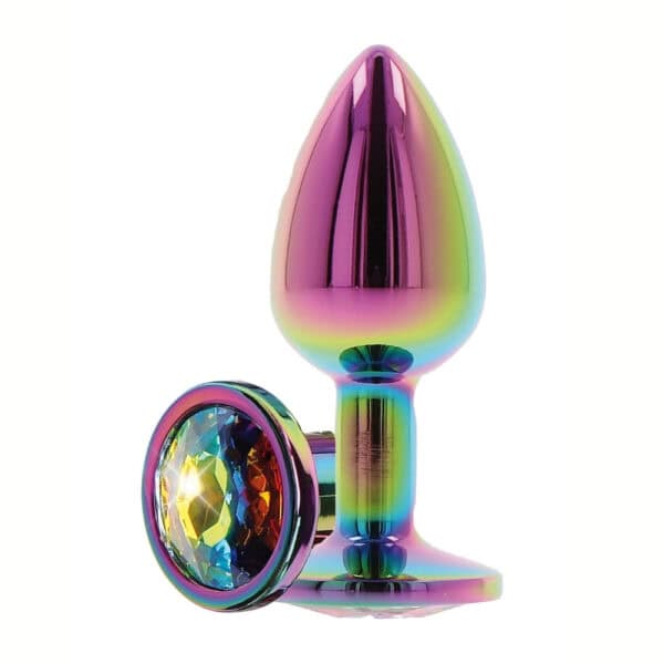 Multicolored iridescent crystal anal plug with smooth rounded shape and shiny faceted base, presented on a white background in a sleek, elegant aesthetic.
