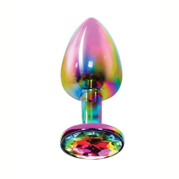 Multicolored iridescent crystal anal plug with smooth rounded shape and shiny faceted base, presented on a white background in a sleek, elegant aesthetic.