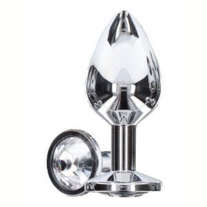 Analplug aus poliertem, silbernem Metall mit Spiegeleffekt, glatter, spitz zulaufender Form und flacher Basis, die für Stabilität sorgt, präsentiert auf weißem Hintergrund in einer schlichten Ästhetik.