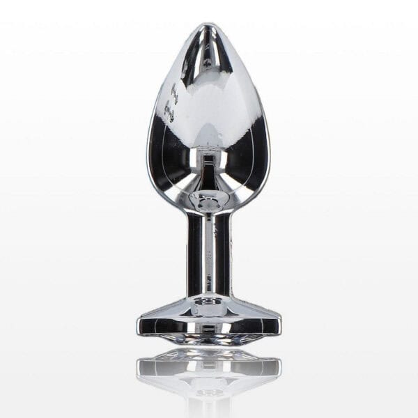 Plug anal en métal argenté poli effet miroir, à la forme lisse et effilée avec base plate assurant stabilité, présenté sur fond blanc dans une esthétique épurée.