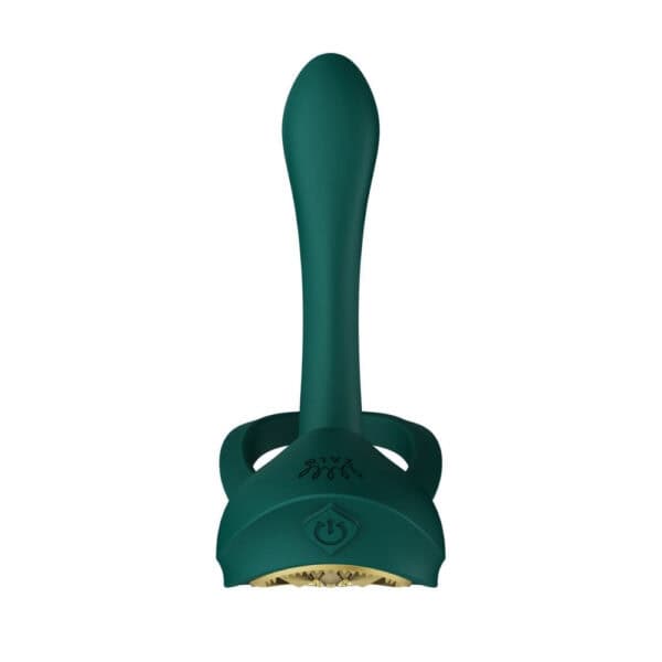 Portable vibrator with ergonomic design, presented with its box, set against a blue and red background, selection Brigade Mondaine Paris. Electric Sextoys