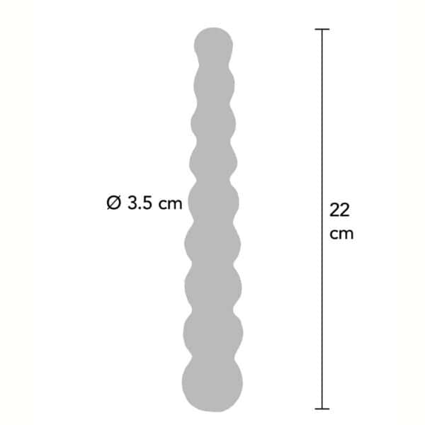Dildo aus durchsichtigem Glas, bestehend aus aneinandergereihten Kugelformen, vertikal präsentiert auf weißem Hintergrund, mit einer glatten, glänzenden Oberfläche.
