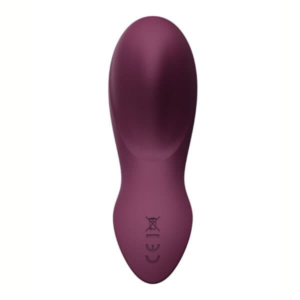 Plum-colored portable vibrator with gold details, ergonomic design and integrated controls, presented on a white background, selection Brigade Mondaine Paris.