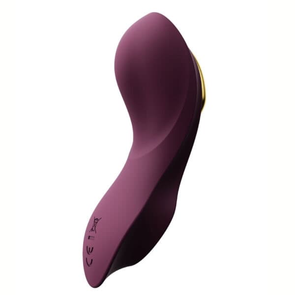 Plum-colored portable vibrator with gold details, ergonomic design and integrated controls, presented on a white background, selection Brigade Mondaine Paris.