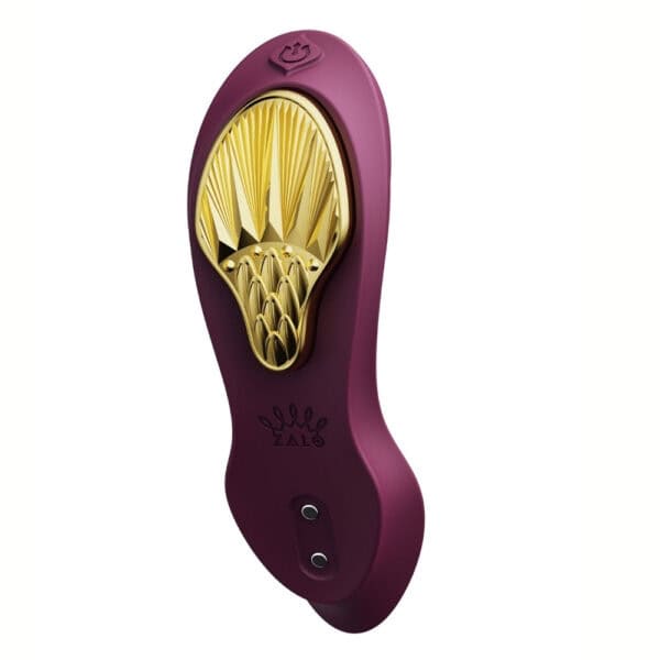 Plum-colored portable vibrator with gold details, ergonomic design and integrated controls, presented on a white background, selection Brigade Mondaine Paris.