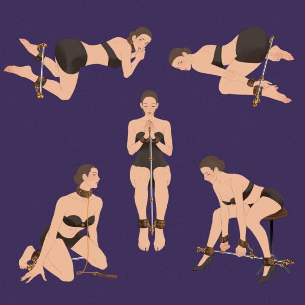 Illustration der UPKO-Zwangspositionen Künstlerische Illustration mit verschiedenen Zwangspositionen mit UPKO-Zubehör, Auswahl Brigade Mondaine Paris