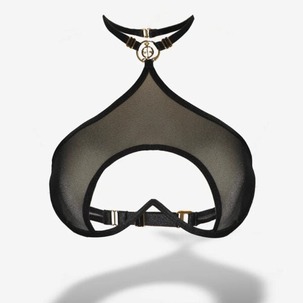 Soutien-gorge harnais en mesh QRUCIFIX - Brigade Mondaine Soutien-gorge QRUCIFIX en mesh noir avec structure harnais, col choker ajustable et anneau central métallique, présenté par Brigade Mondaine Paris.