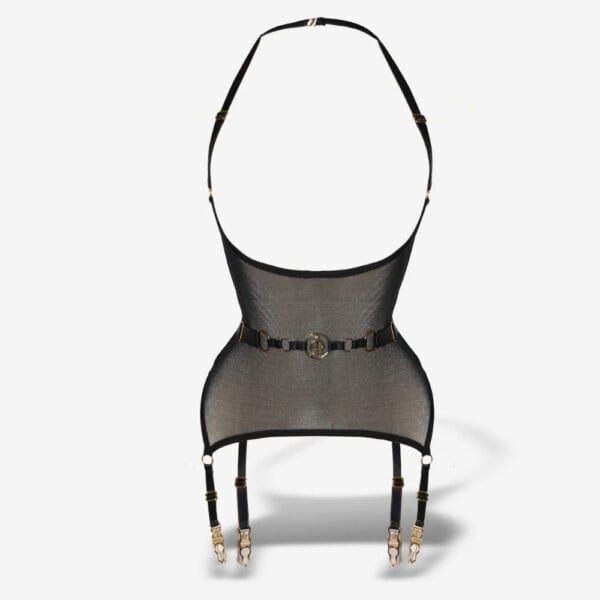 Strapsgürtel-Body aus Mesh QRUCIFIX - Brigade Mondaine QRUCIFIX Body aus schwarzem, transparentem Mesh mit verstellbaren Trägern, Mittelgürtel und Strumpfhaltern aus Metall, präsentiert von Brigade Mondaine Paris.