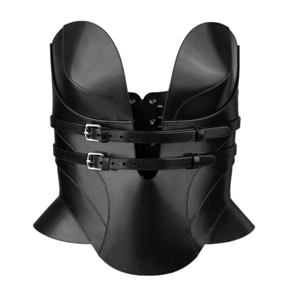 Corsé de cuero Daelos RE:STRICT Brigade Mondaine Paris Modelo con corsé Daelos de piel negra RE:STRICT en Brigade Mondaine Paris, escote pronunciado estructurado, tirantes ajustables, con accesorios a juego sobre fondo rojo.