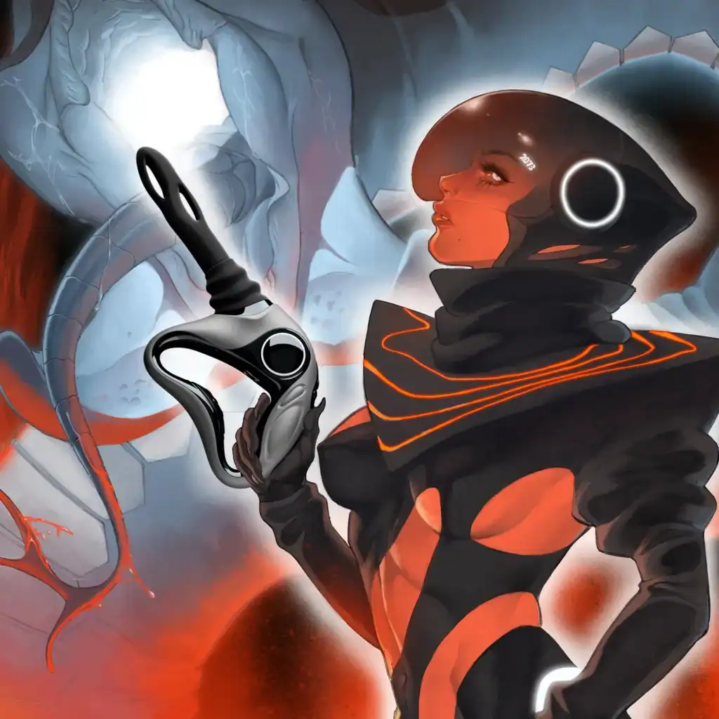 Ilustración futurista de una máquina sexual UPKO de silicona y metal con diseño tecnológico Brigade Mondaine Paris