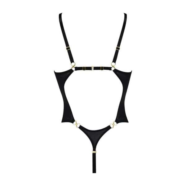 Body mesh métallisé NEDA Bordelle noir | Brigade Mondaine Paris Body noir Bordelle modèle NEDA en mesh à effet métallisé, décolleté en V et fines bretelles, présenté à plat sur fond clair, sélection Brigade Mondaine Paris.