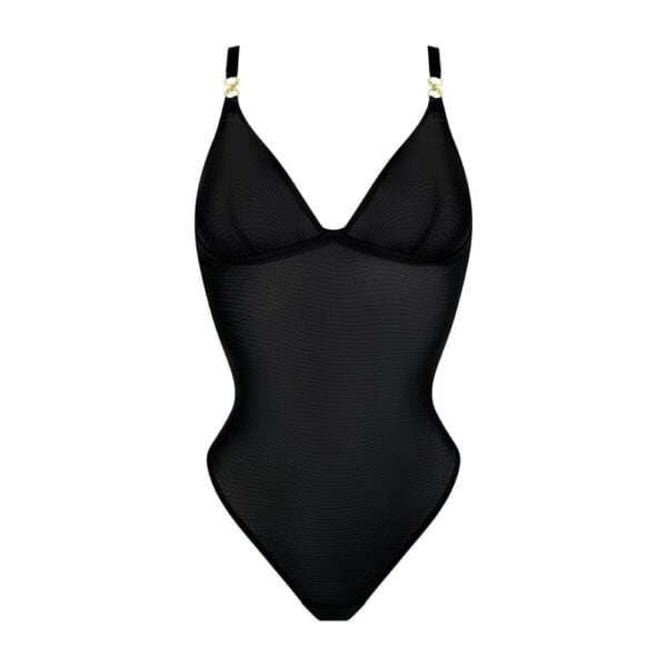 Body mesh métallisé NEDA Bordelle noir | Brigade Mondaine Paris Body noir Bordelle modèle NEDA en mesh à effet métallisé, décolleté en V et fines bretelles, présenté à plat sur fond clair, sélection Brigade Mondaine Paris.