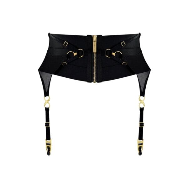 Serre Taille NEDA Bordelle multi styles noir | Brigade Mondaine Paris Serre taille noir Bordelle modèle NEDA multi styles, zip central et anneaux dorés, présenté à plat sur fond clair, sélection Brigade Mondaine Paris.