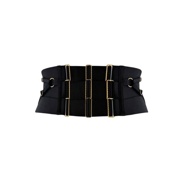 Serre Taille NEDA Bordelle multi styles noir | Brigade Mondaine Paris Serre taille noir Bordelle modèle NEDA multi styles, zip central et anneaux dorés, présenté à plat sur fond clair, sélection Brigade Mondaine Paris.