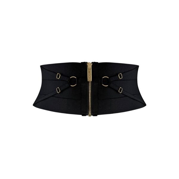 Serre Taille NEDA Bordelle multi styles noir | Brigade Mondaine Paris Serre taille noir Bordelle modèle NEDA multi styles, zip central et anneaux dorés, présenté à plat sur fond clair, sélection Brigade Mondaine Paris.