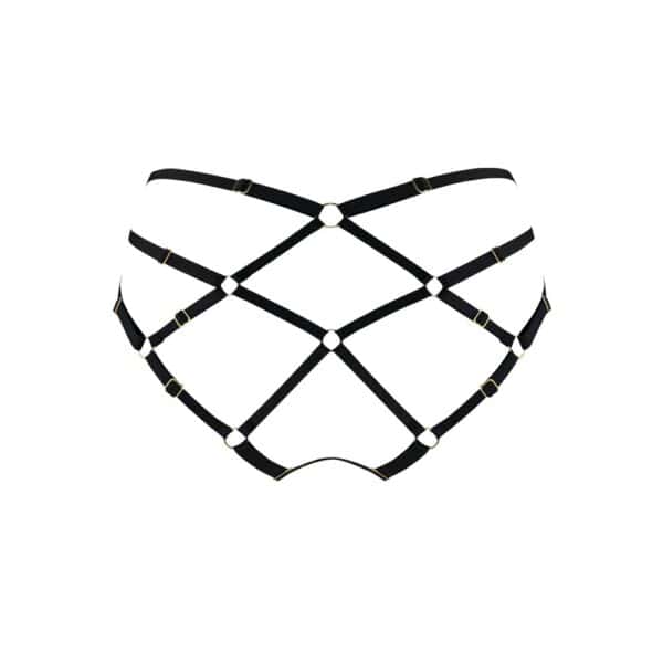 Culotte cul nu Zenna Bordelle noire | Brigade Mondaine Paris Culotte noire Bordelle modèle Zenna cul nu en mesh et bandes structurées, détails d’anneaux dorés, présentée à plat sur fond clair, sélection Brigade Mondaine Paris.