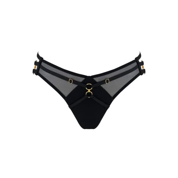 Culotte cul nu Zenna Bordelle noire | Brigade Mondaine Paris Culotte noire Bordelle modèle Zenna cul nu en mesh et bandes structurées, détails d’anneaux dorés, présentée à plat sur fond clair, sélection Brigade Mondaine Paris.
