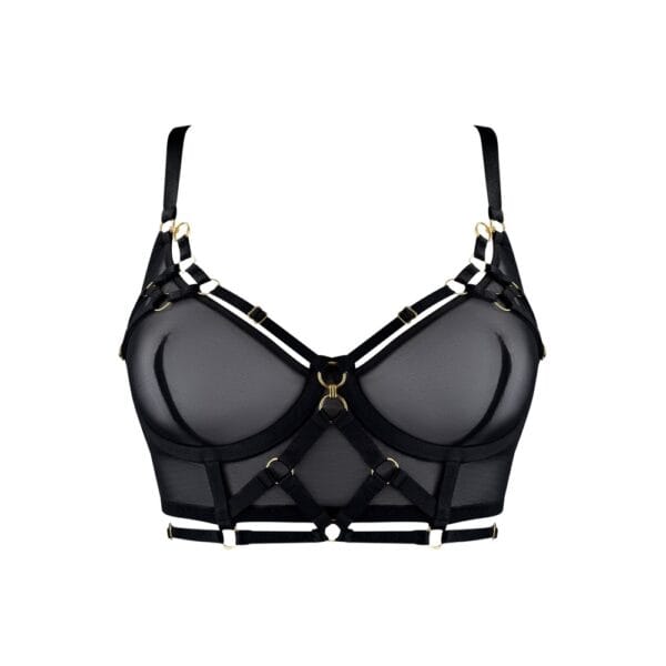 Zenna-BH mit Trägern Bordelle | Brigade Mondaine Paris Schwarzer BH Bordelle, Modell „Zenna“, mit integriertem Trägersystem, feinem Netzstoff, verstellbaren Trägern und goldenen Ringen, flach auf hellem Hintergrund präsentiert, Auswahl Brigade Mondaine Paris.