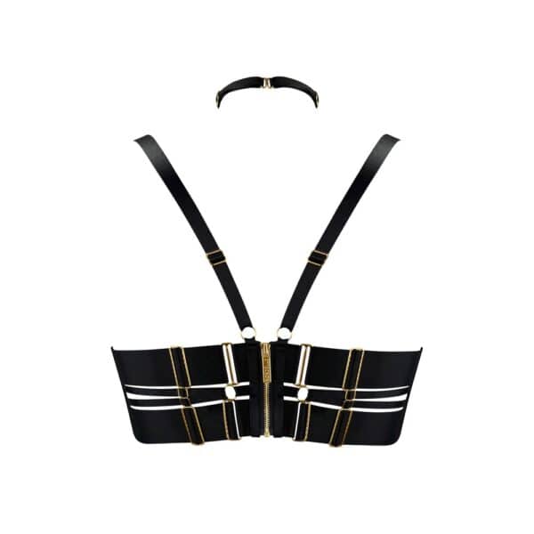 Soutien-gorge ouvert Zenna Bordelle noir | Brigade Mondaine Paris Soutien-gorge ouvert noir Bordelle modèle Zenna avec structure à sangles, anneaux dorés et coupe ajourée, présenté à plat sur fond clair, sélection Brigade Mondaine Paris.