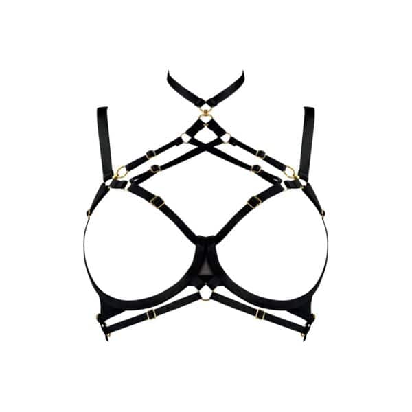 Soutien-gorge ouvert Zenna Bordelle noir | Brigade Mondaine Paris Soutien-gorge ouvert noir Bordelle modèle Zenna avec structure à sangles, anneaux dorés et coupe ajourée, présenté à plat sur fond clair, sélection Brigade Mondaine Paris.
