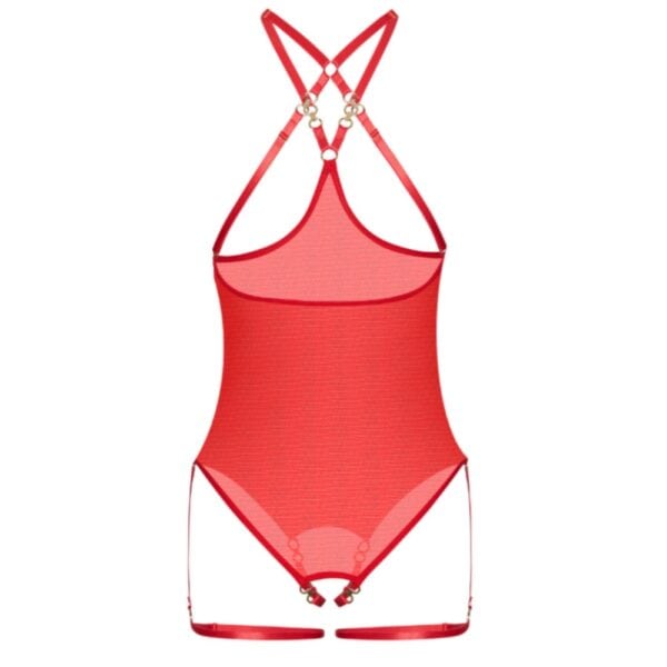 Open bodysuit in red lace with bare back and strap details.