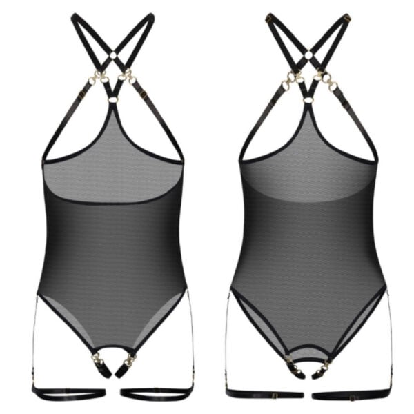 Offener Body aus schwarzem Mesh-Material mit überkreuzten Riemen an der Büste und Strapsgürtelverschlüssen.