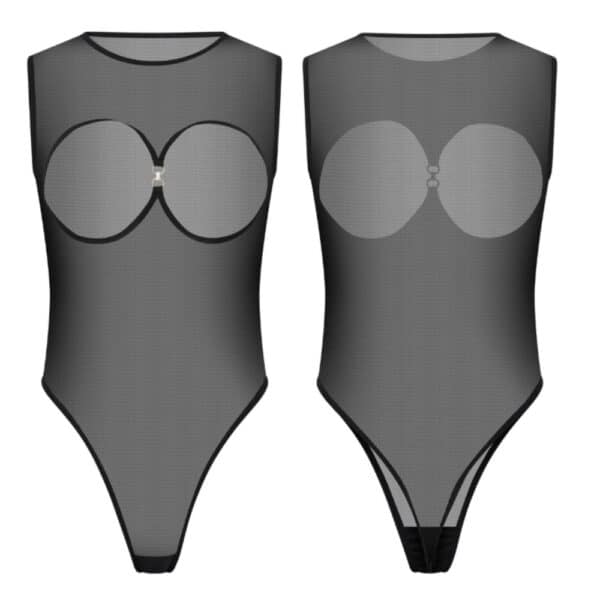 Body en résille noire transparente avec découpe à la poitrine et caches-tétons intégrés.