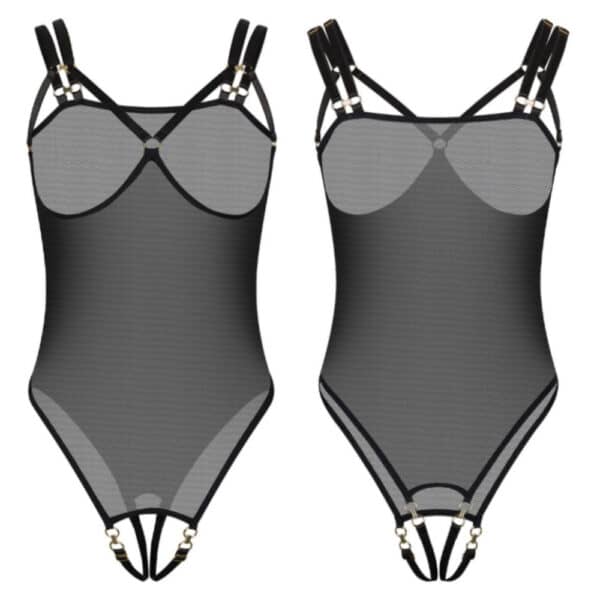 Model wearing an open black mesh bodysuit with slim harness and scalloped cut, presented by Brigade Mondaine Paris.