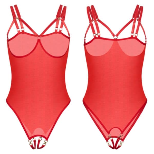 Red fishnet bodysuit with front cutout, integrated harness.