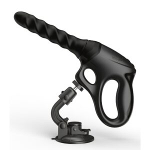 Sex machine noire avec poignée ergonomique, embout texturé et support ventouse ajustable, accessoire proposé par Brigade Mondaine Paris.