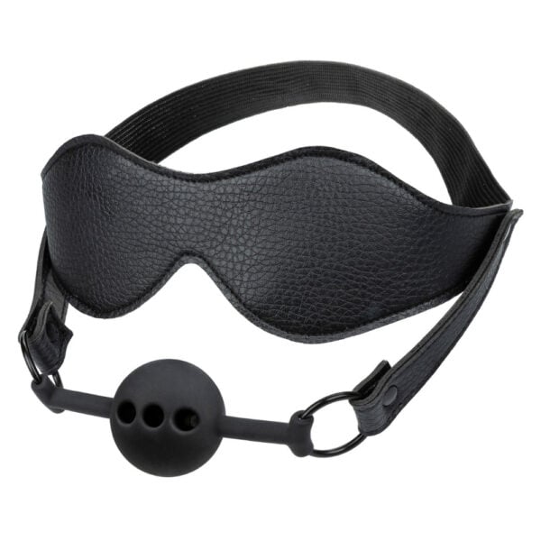 Stirnband aus schwarzem Leder mit elastischem Riemen und integriertem schwarzem Silikon-Gag, BDSM-Zubehör, angeboten von Brigade Mondaine Paris.