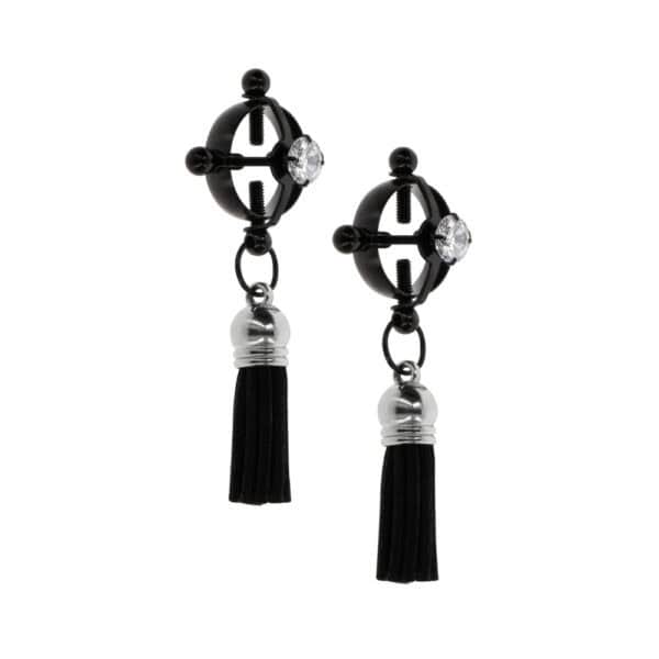 Paire de bijoux de seins noirs en forme de croix circulaire avec cristal transparent central et pampilles noires, proposée par Brigade Mondaine Paris.