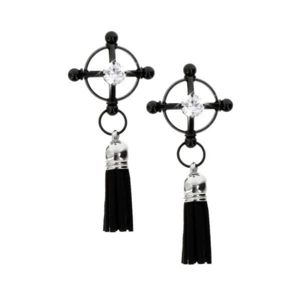 Paire de bijoux de seins noirs en forme de croix circulaire avec cristal transparent central et pampilles noires, proposée par Brigade Mondaine Paris.