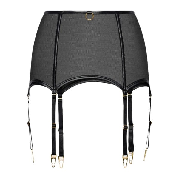 Porte-jarretelles large en mesh noir avec anneaux dorés et quatre sangles réglables.
