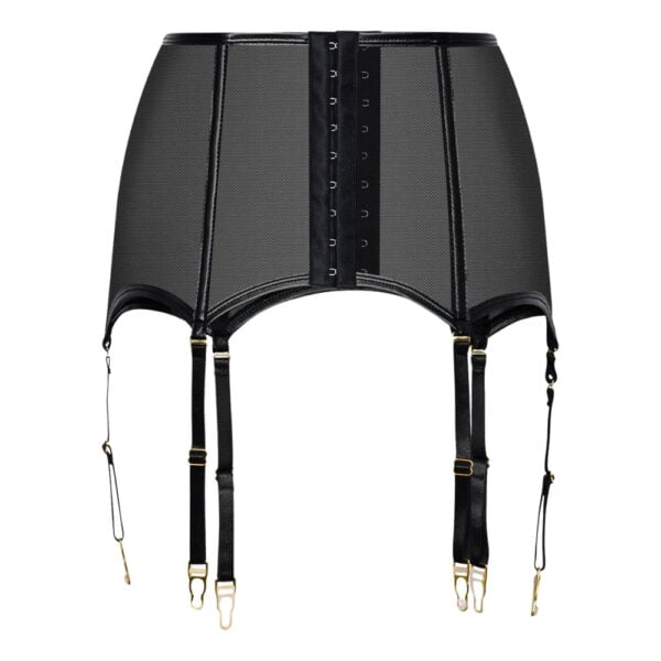 Porte-jarretelles large en mesh noir avec anneaux dorés et quatre sangles réglables.