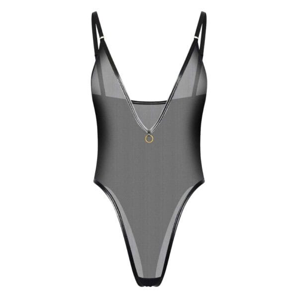 Body noir en mesh transparent avec décolleté plongeant et anneau doré.