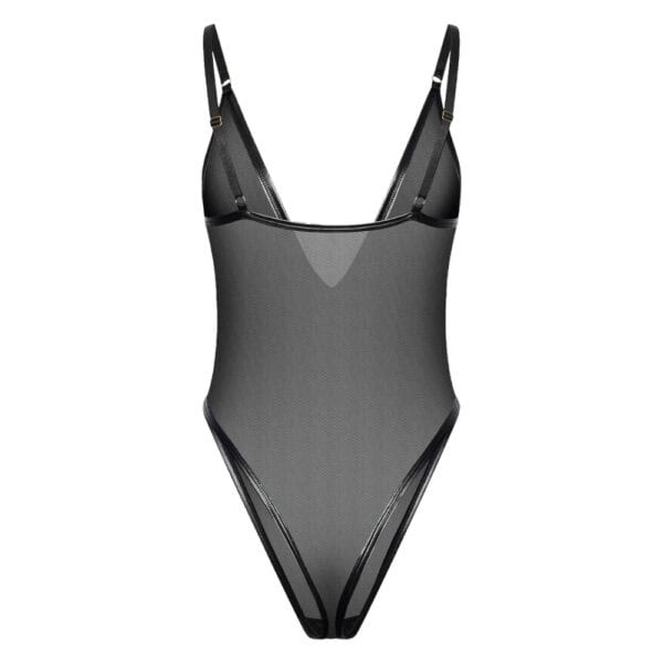 Body noir en mesh transparent avec décolleté plongeant et anneau doré.
