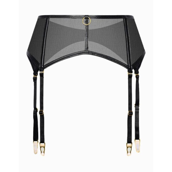Wide black mesh garter belt with gold rings and four adjustable straps.
