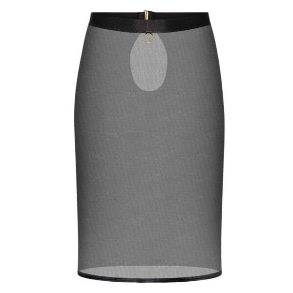 Sheer mid-length skirt in black mesh with back opening